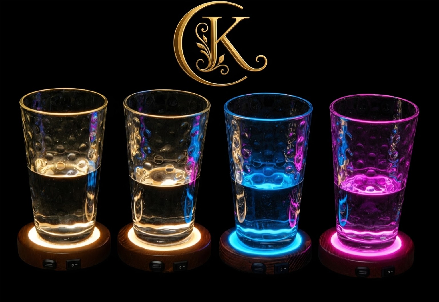 Kreative Coasters™ shown with different lighting colors