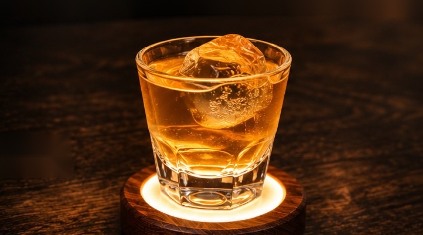 Kreative Coaster glowing beneath a glass of whiskey