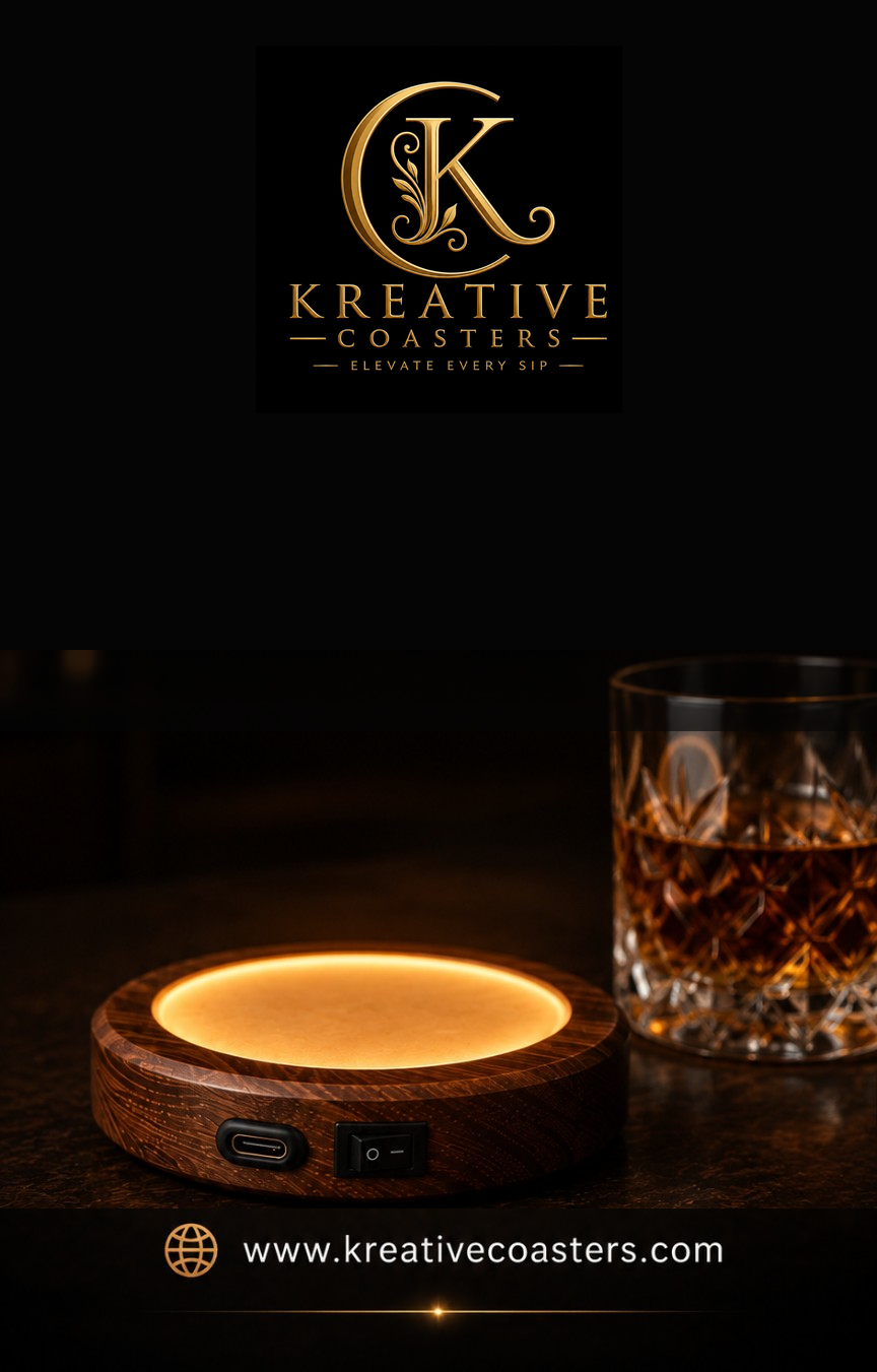 Kreative Coasters™ glowing in a home bar setting